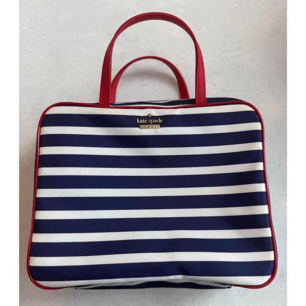 Kate Spade New York Navy White Stripe Red Trim Travel Cosmetic Makeup Bag Case